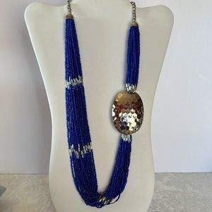 Cobalt & Silver Beaded Multi Strand Necklace w/Sterling Silver Oval Accent